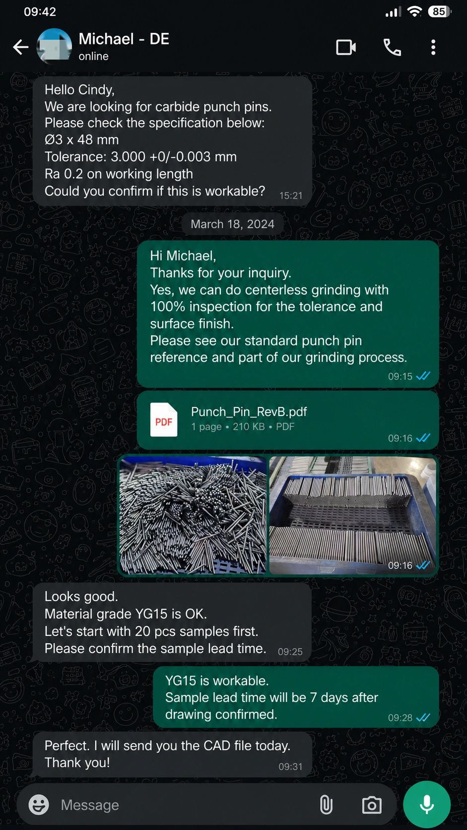 Customer email feedback regarding carbide wear parts