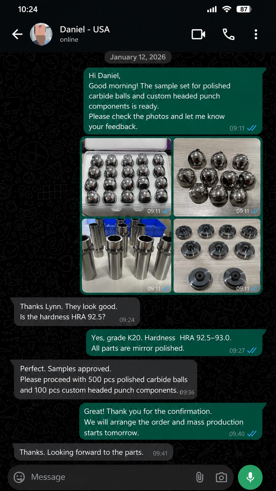 WhatsApp chat screenshot with client confirming tooling quality