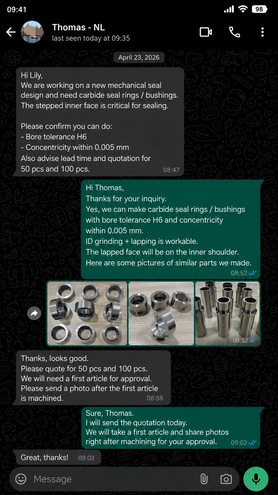 Client email praising custom carbide parts delivery